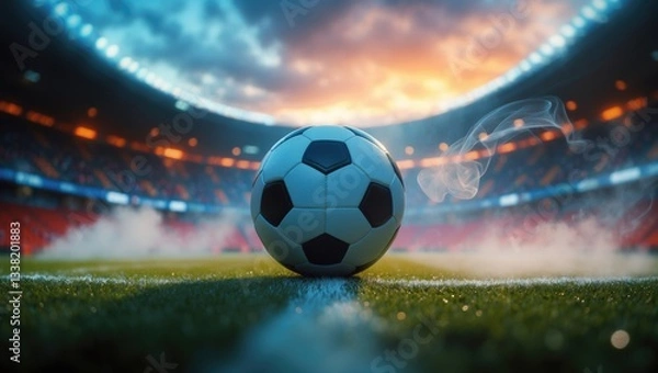 Fototapeta Close-up of a soccer ball at the center of an illuminated stadium.