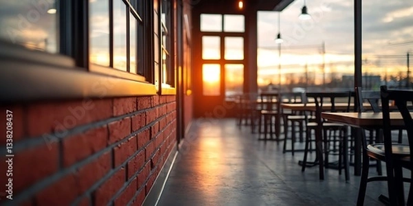 Fototapeta A cozy restaurant interior at sunset, showcasing a brick wall and empty tables, with warm light streaming through large windows.