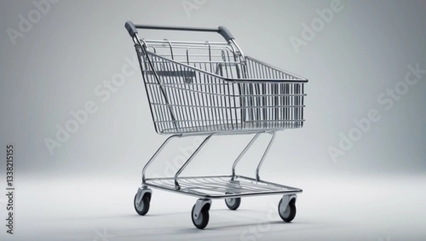 Fototapeta An isolated empty red metal shopping cart with chrome wheels, ready for retail purchase