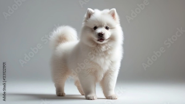 Fototapeta Samoyed puppy modeling in the studio.
