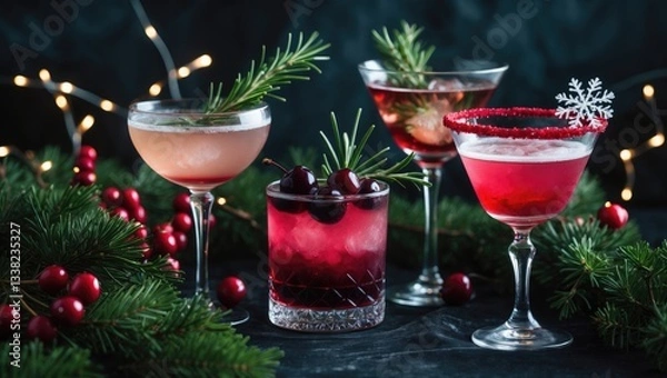 Fototapeta New Year's or Christmas beverages in glasses adorned with lights, presents, and green foliage against a dark backdrop.