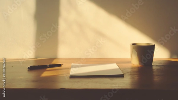 Fototapeta Empty hotel room with a desk, laptop, chair, and window, featuring modern furniture and a plant
