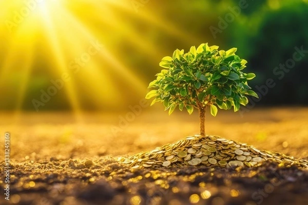 Obraz A small tree grows from a mound of coins, illuminated by sunlight, symbolizing growth, prosperity, and wealth.