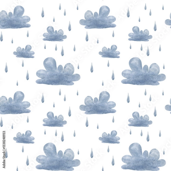 Obraz Watercolor rainy clouds seamless pattern on a white background