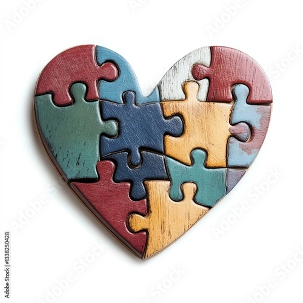 Fototapeta Colorful puzzle pieces shaped like a heart on a white isolated background.