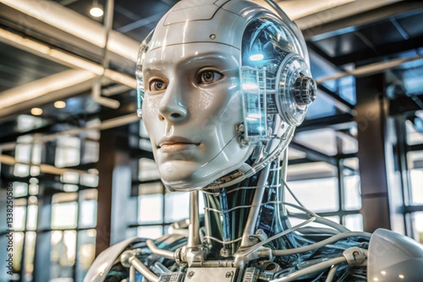 Obraz Hyperrealistic humanoid robot with neural AI circuits, showcasing advanced technology and design. intricate details highlight its futuristic features and capabilities