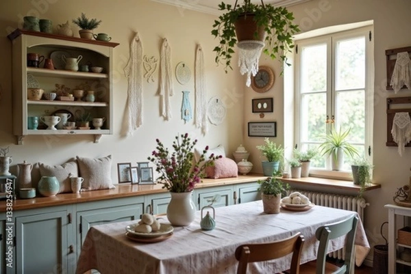 Fototapeta A cozy room filled with tatting supplies, with finished lace pieces hanging on the wall and a sunny window in the background. The phrase "International Tatting Day" is displayed cheerfully