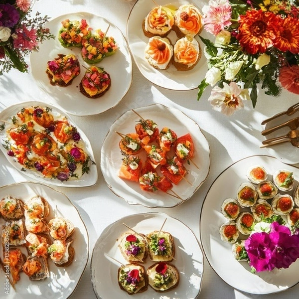 Fototapeta Delicious assortment of colorful canapés displayed on unique plates creating festive gathering ambiance from above