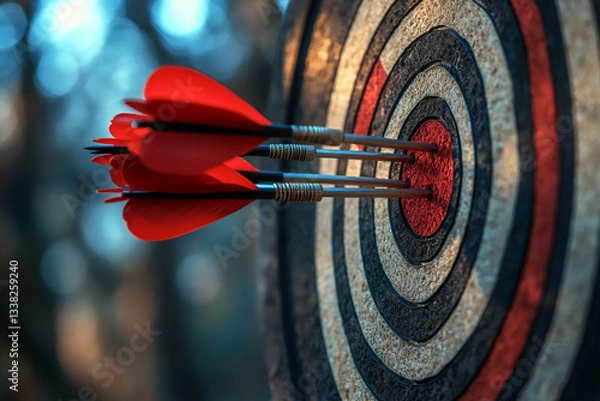 Fototapeta darts arrow hit the bullseye target with a blue sky background, close-up,