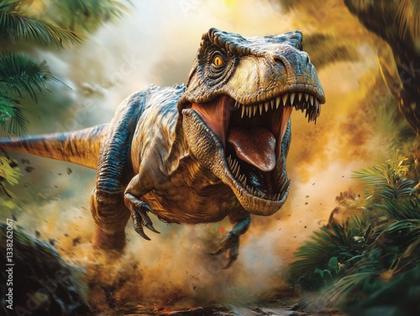 Fototapeta This image depicts a T-Rex-like dinosaur, roaring with its mouth wide open, revealing sharp teeth. It is set in a dense jungle filled with mist and sunlight filtering through the leaves. 