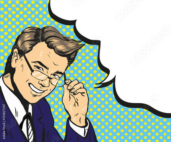 Obraz Człowiek w okularach ilustracji wektorowych dymek pop-artu