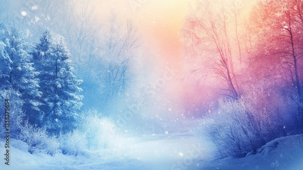 Fototapeta serene winter landscape with snow covered trees and colorful sky creates magical atmosphere. soft glow of sunset enhances tranquil scene
