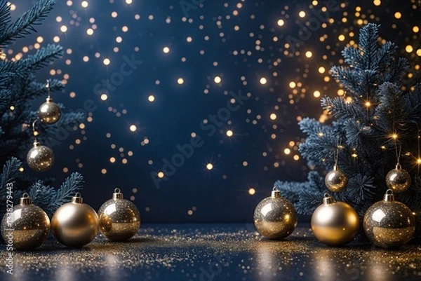 Fototapeta Elegant Midnight Indigo and Champagne Gold Scene with Sparkling Christmas Lights and Shimmering Particles