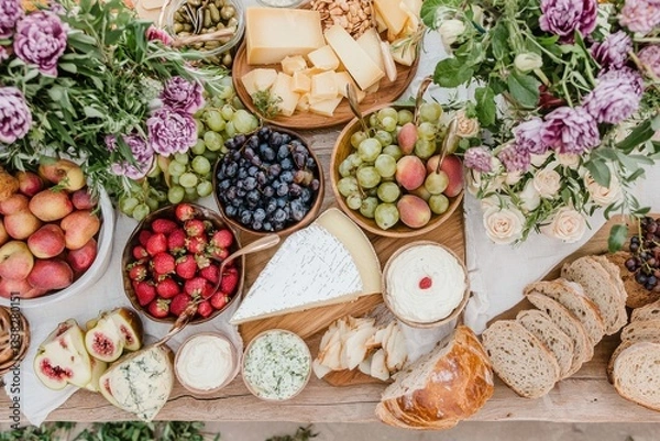 Fototapeta Elegant charcuterie board with cheese assortment fresh fruits and bread rustic charm and vibrant colors appetizing display