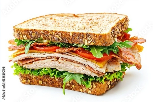 Fototapeta Delicious sandwich with whole grain bread turkey bacon cheddar lettuce and tomato on white background