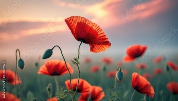 Obraz Red poppy illuminated by sunrise. Poppy field at dawn light. Beautiful wildflower. Soft selective focus.