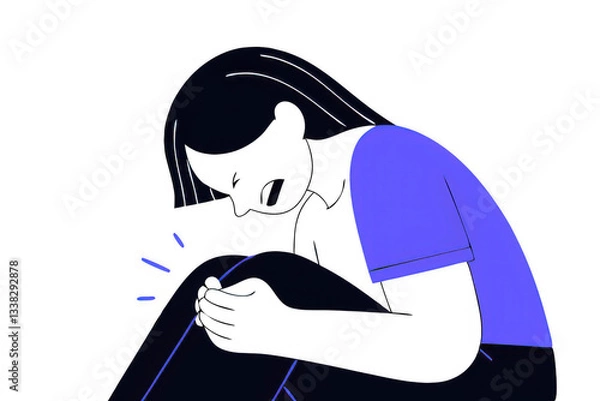 Fototapeta cartoon illustration of woman with brown hair, expressing sadness while sitting and hugging her knees. image conveys sense of emotional distress and vulnerability