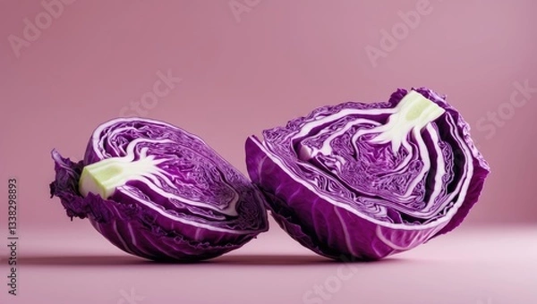 Fototapeta Sliced red cabbage on a pastel backdrop. Minimal fruit theme.