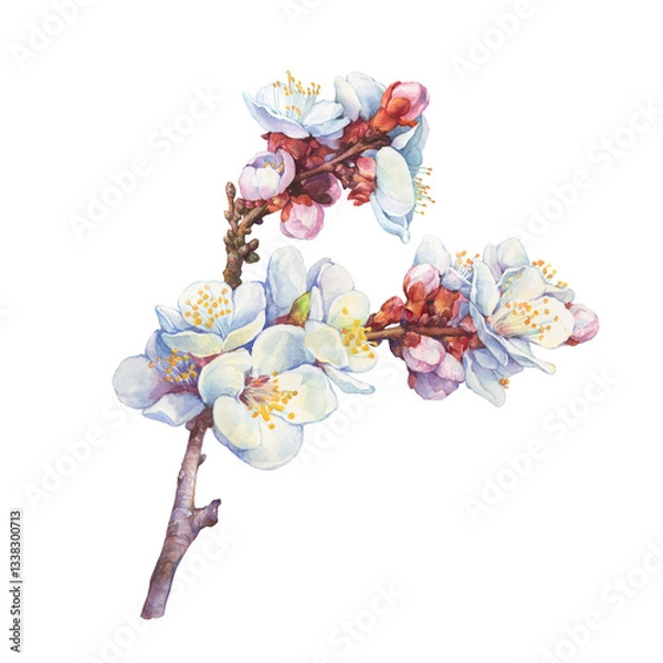 Fototapeta Сlose-up of the apricot branch with flowers (known as Prunus armeniaca, Armenian apple). Watercolor hand drawn painting illustration isolated on white background.
