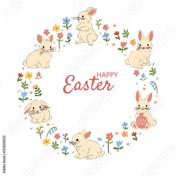 Fototapeta White background with bunnies in a circular wreath of flowers, featuring a Happy Easter message, perfect for festive crafts.