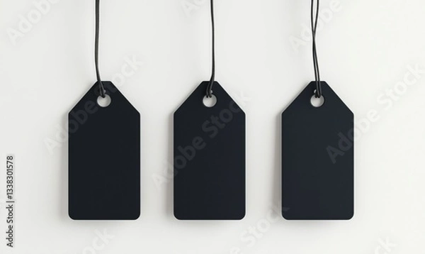Fototapeta Blank black tags hanging on strings for labeling and branding purposes