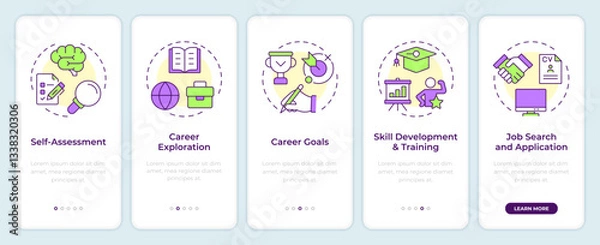 Obraz Career planning process onboarding mobile app screen. Walkthrough 5 steps editable graphic instructions with linear concepts. UI, UX, GUI template. Montserrat SemiBold, Regular fonts used