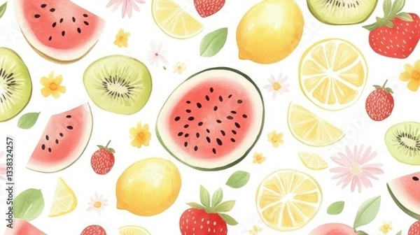 Fototapeta Watercolor summer fruits and blossoms merging in bright, seamless pattern, showcasing watermelon, kiwi, lemon, strawberry slices with delicate floral elements