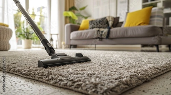 Fototapeta A vacuum cleaner cleaning a shaggy carpet in a contemporary, bright, and cozy living room with modern decor