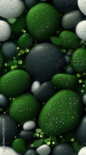 Fototapeta Lush green moss covers smooth, rounded rocks and pebbles in a dense forest floor scene creating a textured natural background ideal for design projects and digital artwork.