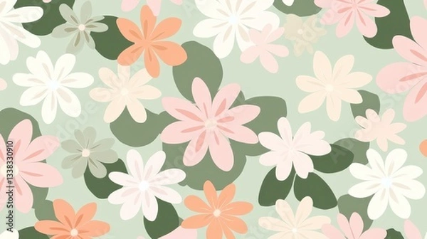 Obraz Light green backdrop featuring pink, white floral pattern with verdant leaves blooming, generating cheerful, vibrant botanical design