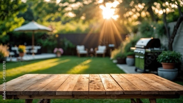 Obraz summer time gathering in backyard garden featuring grill BBQ, wooden table, blurred background