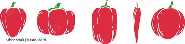 Fototapeta Vector illustration of pepper in cartoon flat style different shapes. Set of fresh vegetables plants for healthy food. Collection design elements for child textile print, stamp, kids education book.
