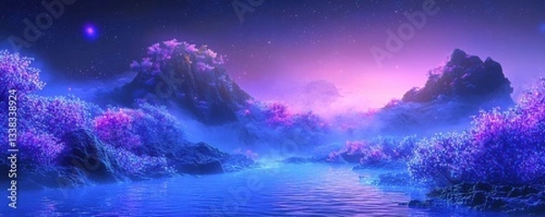 Fototapeta A serene landscape featuring vivid purple flora, tranquil waters, and mystical mountains under a twilight sky, creating an ethereal, dreamlike atmosphere.