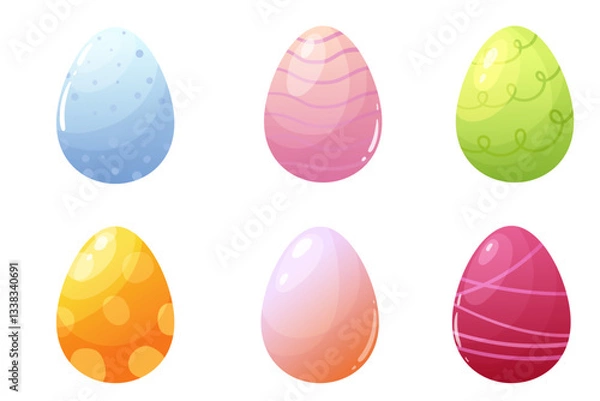 Fototapeta Set of colorful glossy Easter eggs with decorative patterns. Each egg features a unique design with gradients, stripes, dots, and swirls in pastel and vibrant colors. Perfect for Easter-themed designs