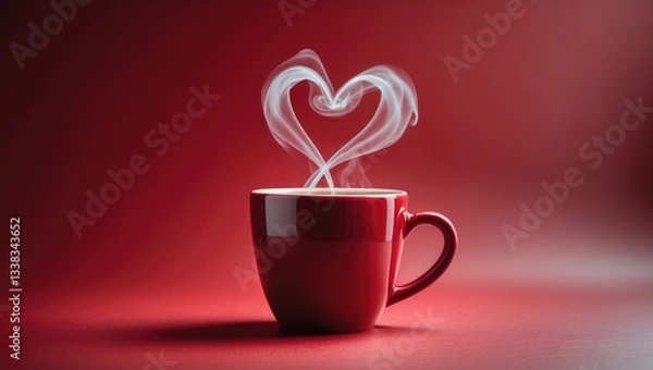 Fototapeta Cup of tea or coffee with steam forming a heart shape in the background. Love or celebration concept. Space for text.