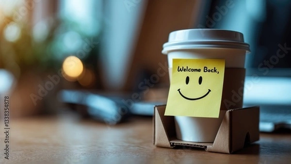 Obraz Back to Work Theme. Closeup of Welcome Note on Takeaway Coffee Cup at Office Desk. Message from a Colleague or Supervisor.