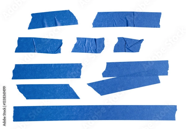 Fototapeta Blue Paper Tape Pieces Are Artfully Arranged on a Plain White Background, Showing Their Potential Uses in Crafts, Home Organization, and Design Projects.