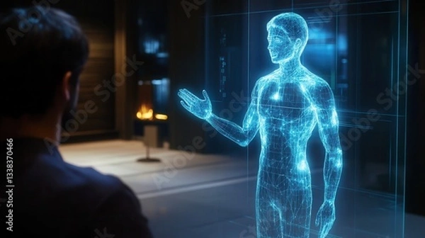 Fototapeta a digital twin hologram of a person, interacting in real-time for business meetings and virtual communication. 