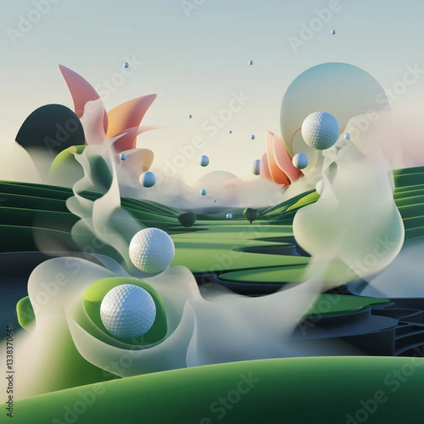 Fototapeta A 3D render of a surreal landscape with floating golf balls, ethereal mist, and distorted golf courses, blending natural elements in soft, harmonious colors.