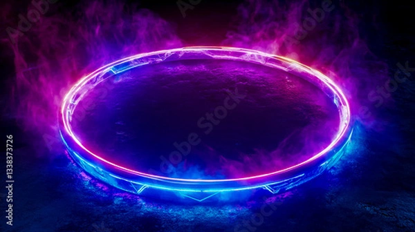 Fototapeta Neon ring portal glowing futuristic abstract background wallpaper space technology design element effect light 3d