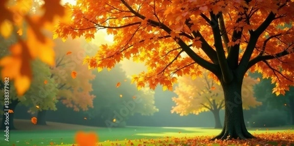 Fototapeta The leaves of a tree rustle softly in the autumn breeze, tree, isolation