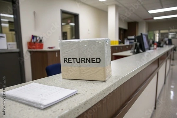 Fototapeta returned product package on counter. Delivery failure and trouble