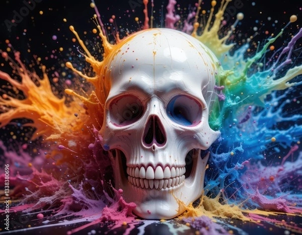 Fototapeta Vibrant Rainbow Paint Splashing on a Human Skull Artistic 3D Render