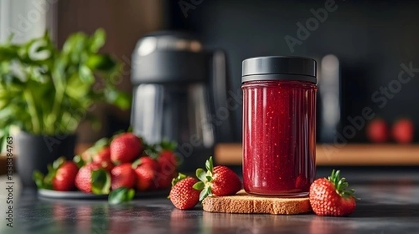 Fototapeta Homemade Strawberry Jam In A Glass Jar With Fresh Strawberries