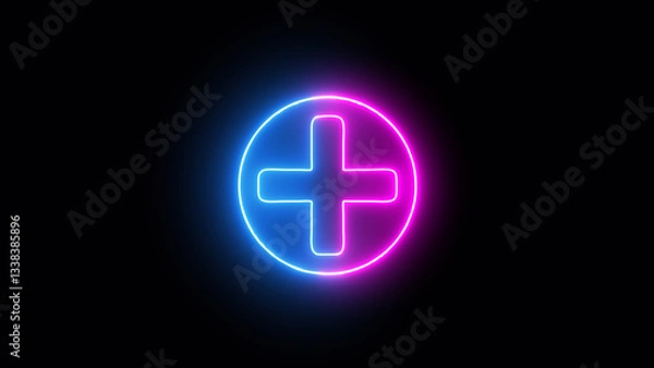 Obraz Abstract neon medical cross icon animation, neon plus sign icon, Plus neon sign. Neon Glowing Plus Symbol on Black Background