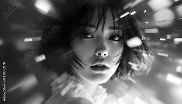 Fototapeta ファンタジーストーリー（モノクロームに刻まれた、一瞬のモノローグ—静寂の中で紡がれる女性の想い）