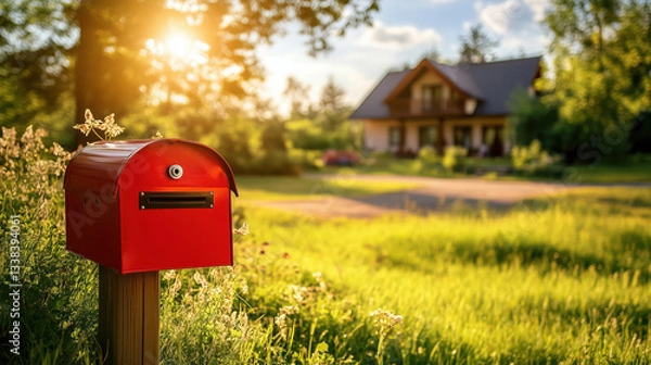 Fototapeta Bright red mailbox in front of a detached house garden on a sunny summer day.