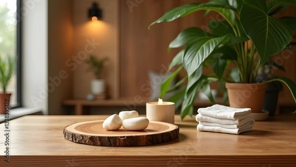 Fototapeta Whimsical Woodland Elegance Spa-inspired high-gloss styling meets rustic warmth and tropical freshness in charming tabletop setup