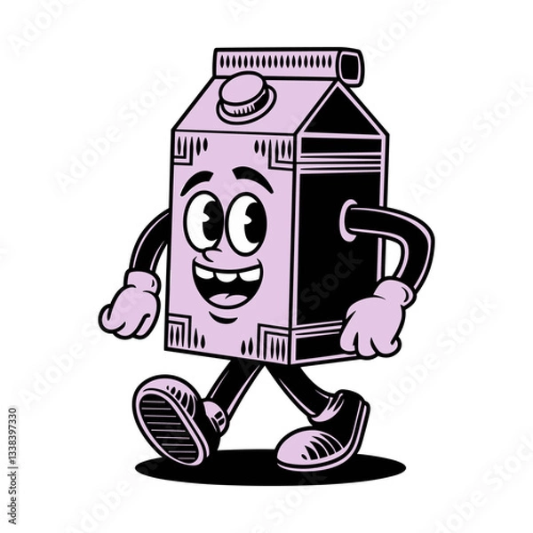 Fototapeta Happy retro character walking joyfully in playful doodle style illustration with cool purple color palette