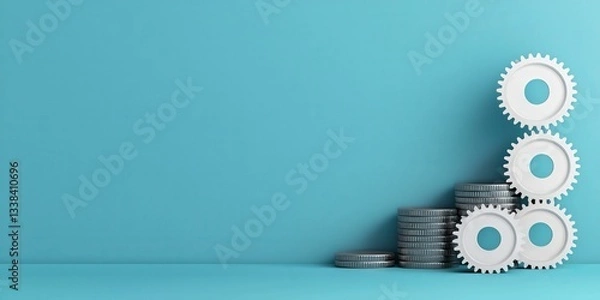 Obraz Import Tariffs policy impact concept. Stack of gears and coins on a blue background.